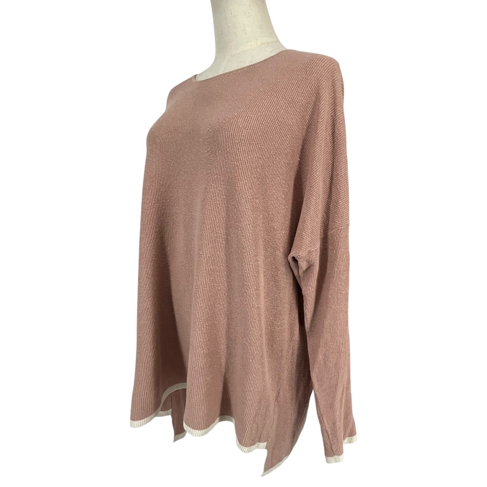 Eileen Fisher Organic Linen Blend Ribbed Lagenlook Sweater Mauve L Italian Yarn